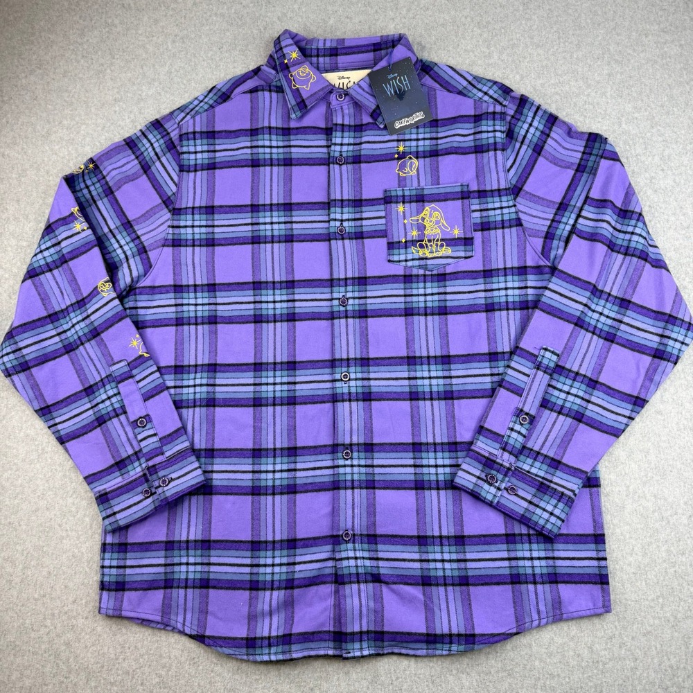Cakeworthy Disney Wish Flannel Shirt Purple Plaid Valentino Star Mens XL NWT